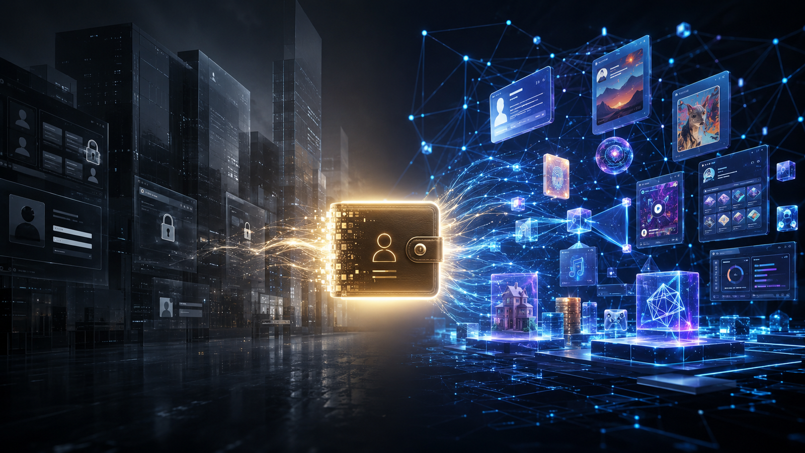 Illustration of a crypto wallet connecting digital assets, Web3 apps, blockchain networks, and user-controlled accounts