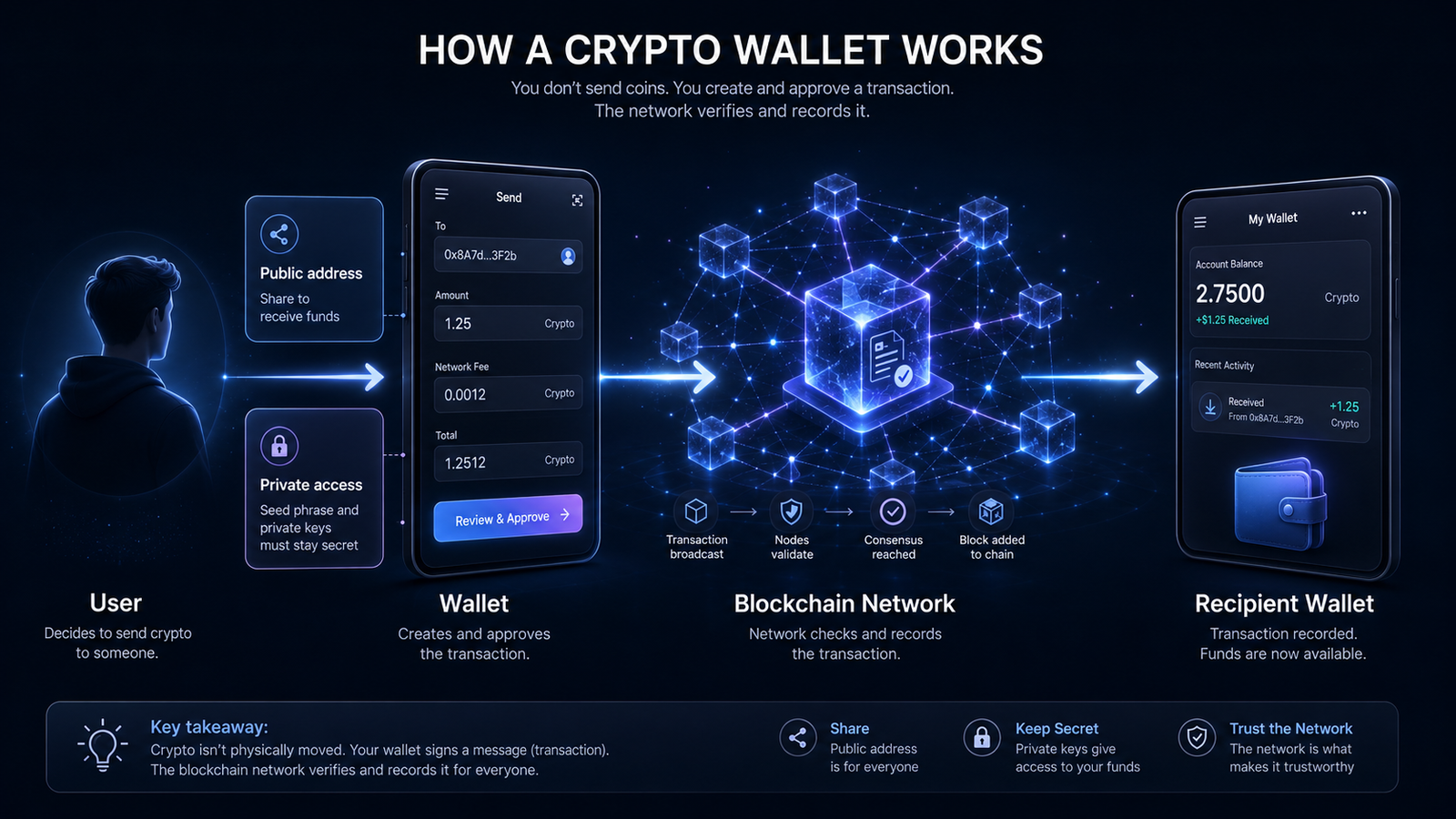 Infographic explaining how a crypto wallet connects a user to a blockchain network to approve and record a transaction.