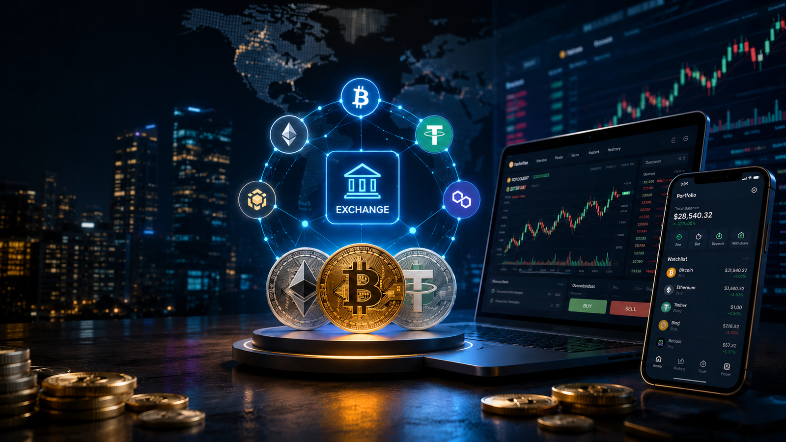 Futuristic illustration of a crypto exchange platform with Bitcoin, Ethereum, trading charts, and digital asset apps