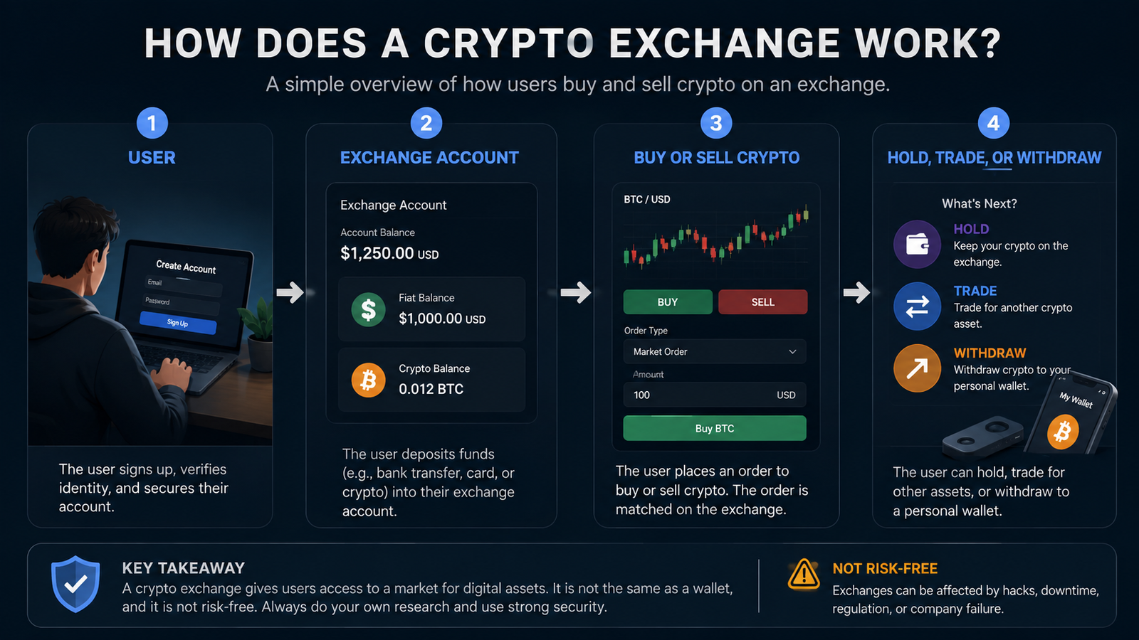 Simple diagram showing how users create an exchange account, deposit funds, buy or sell crypto, then hold, trade or withdraw digital assets.