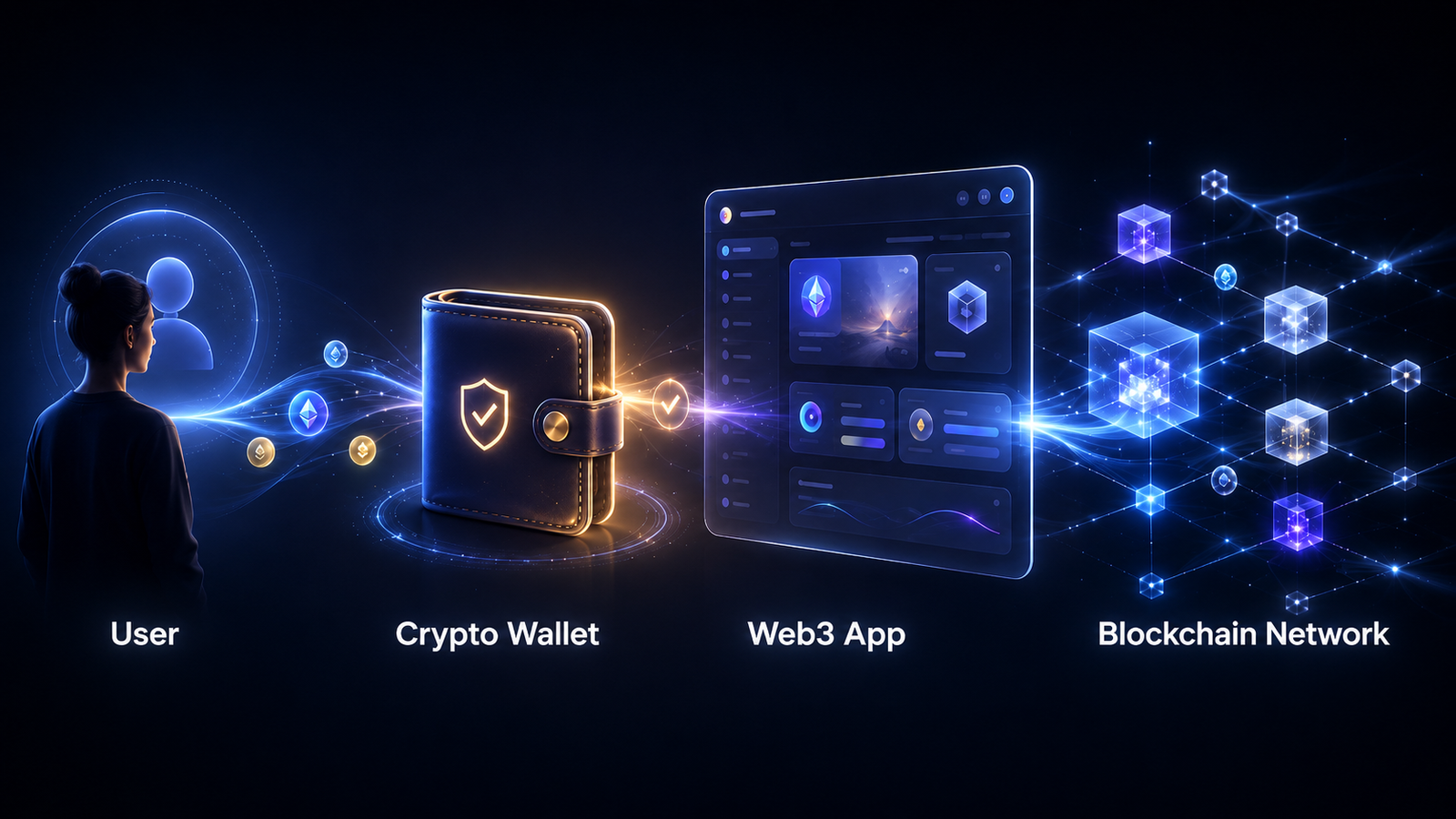 Beginner-friendly Web3 diagram showing a user connecting through a crypto wallet to a Web3 app and blockchain network.