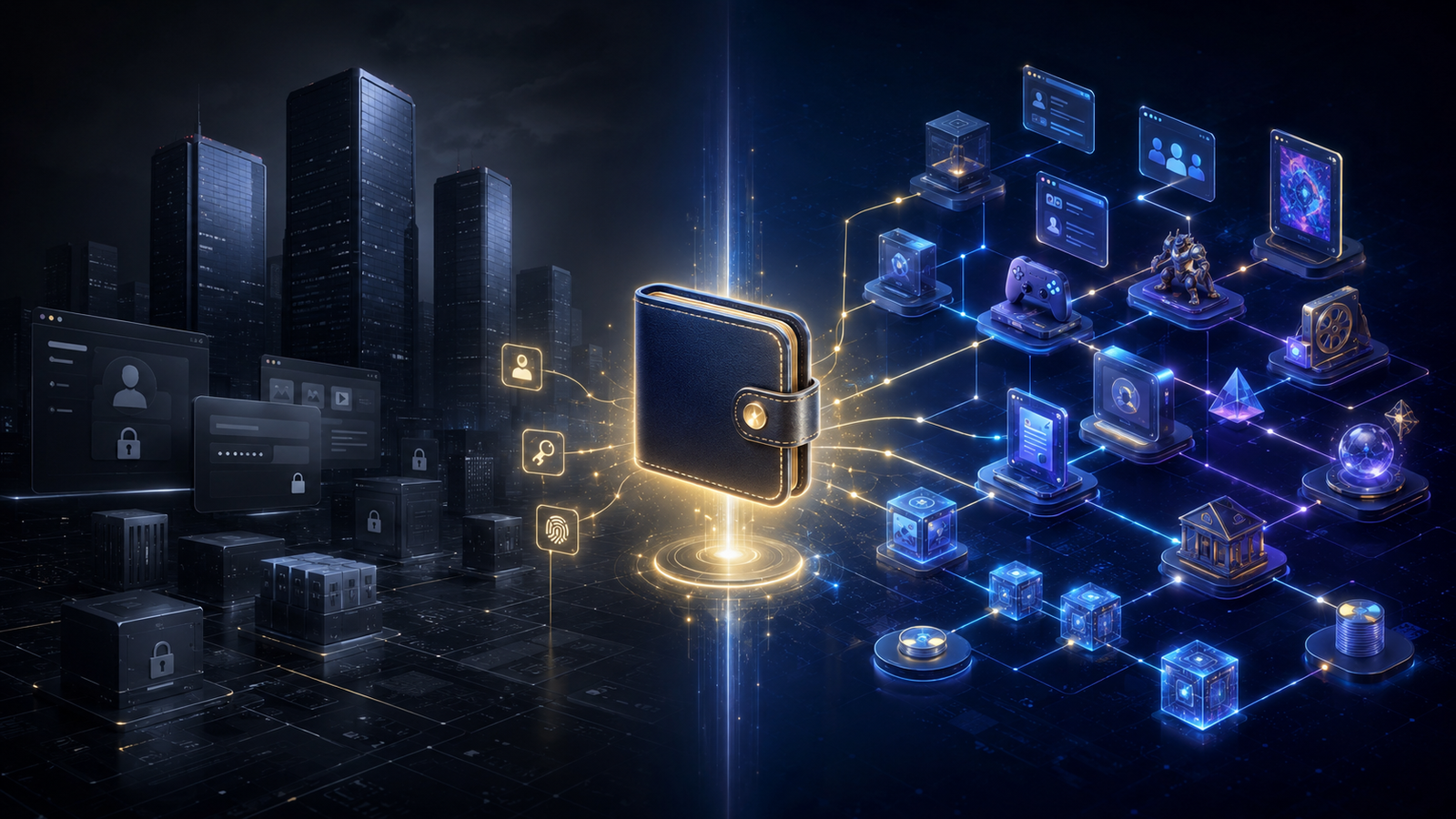Illustration of a user-owned Web3 internet with a crypto wallet connected to apps, digital identity, NFTs, and blockchain networks