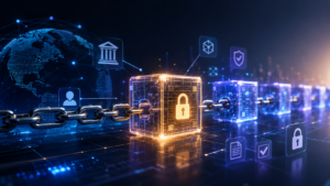 Illustration of a secure blockchain network with connected blocks, digital records, verification icons, and global data links