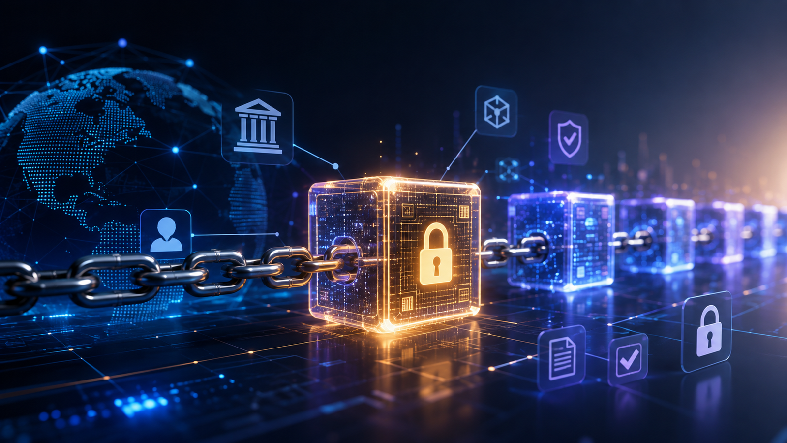 Illustration of a secure blockchain network with connected blocks, digital records, verification icons, and global data links