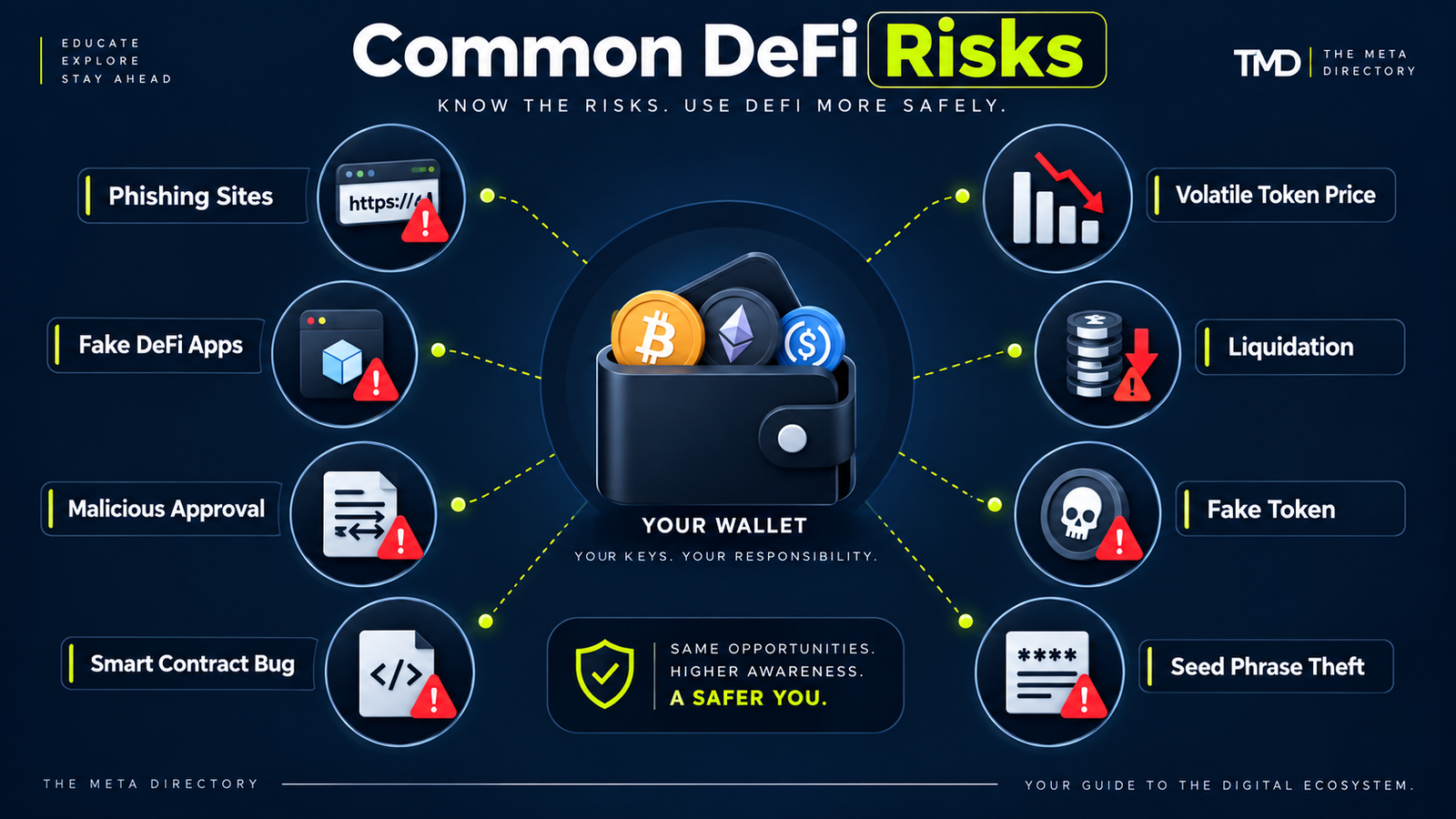 Diagram showing common DeFi risks including phishing, malicious wallet approvals, smart-contract vulnerabilities, liquidation and scams.