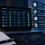 Illustration of a crypto exchange comparison dashboard with security, fees, custody, transparency, and reputation checks