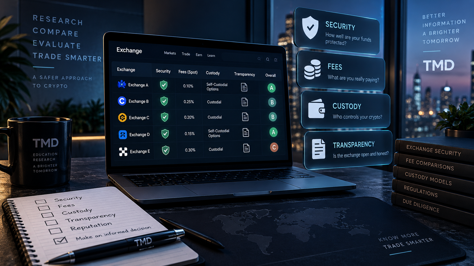 Illustration of a crypto exchange comparison dashboard with security, fees, custody, transparency, and reputation checks
