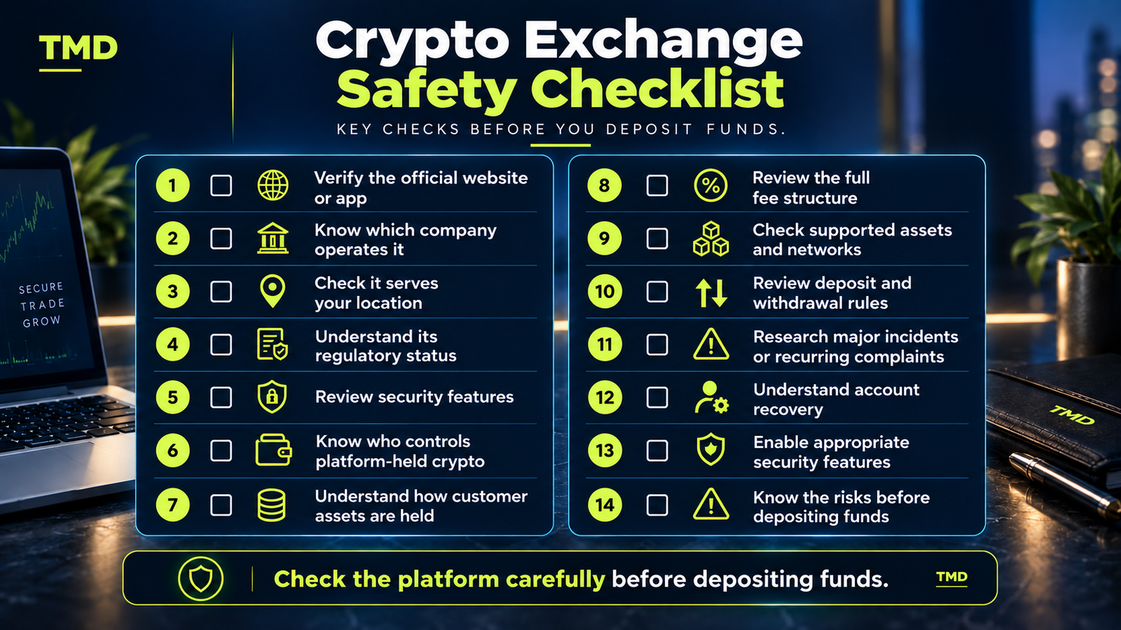 Crypto exchange safety checklist infographic showing key checks before depositing funds, including website verification, regulation, security, custody, fees, supported networks, withdrawals, account recovery and platform risk.