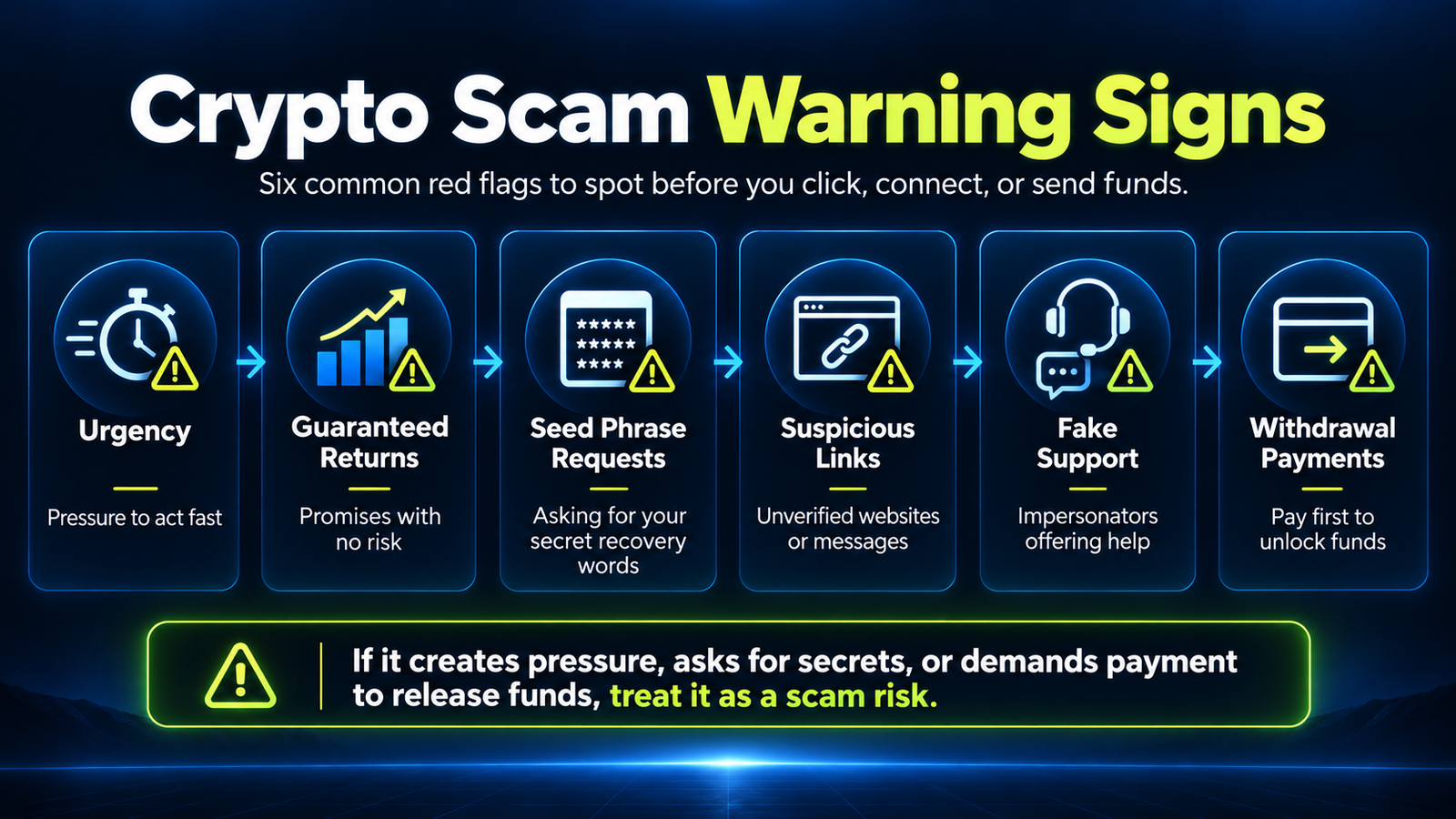Crypto scam warning signs infographic showing urgency, guaranteed returns, seed phrase requests, suspicious links, fake support and withdrawal payment red flags.
