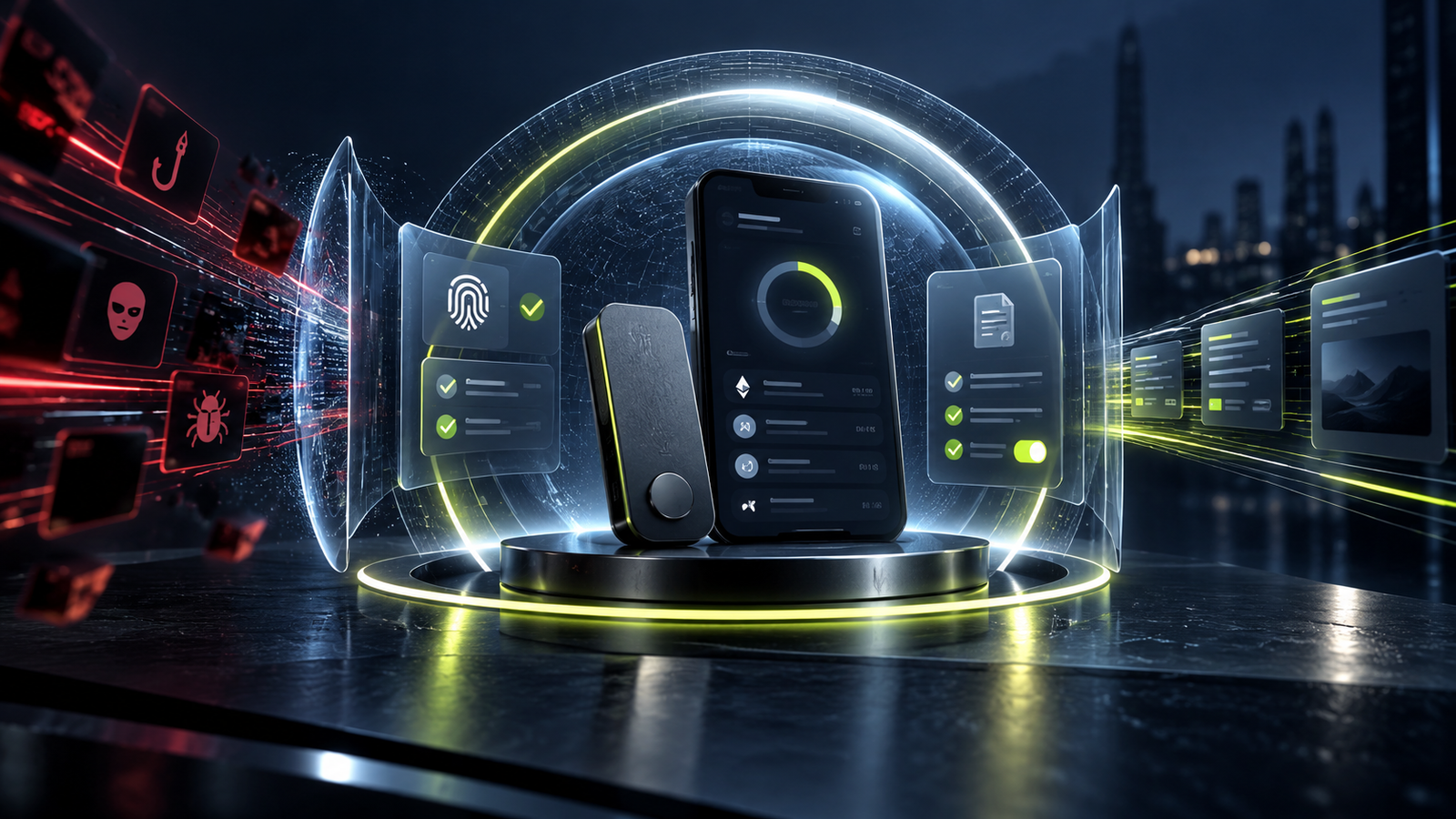 Illustration of a protected crypto wallet with security checks, phishing warnings, and digital asset safety controls