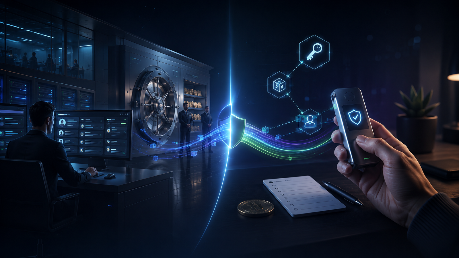 Illustration comparing custodial crypto storage with self-custody wallet control and private key security
