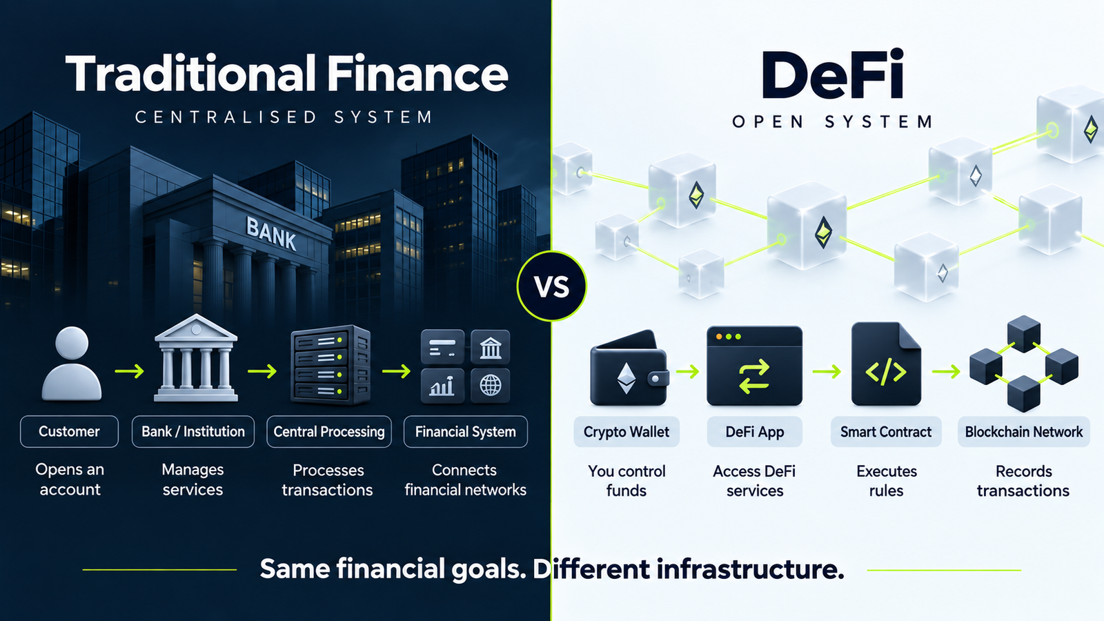 Visual comparison showing the different infrastructure used by traditional finance and decentralised finance.