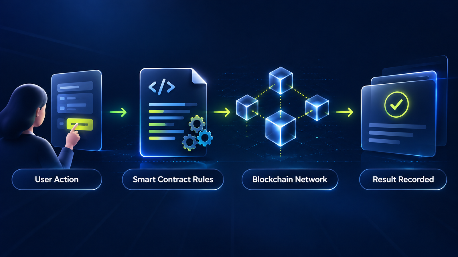 Simple diagram showing how a user action can trigger smart contract rules on a blockchain network
