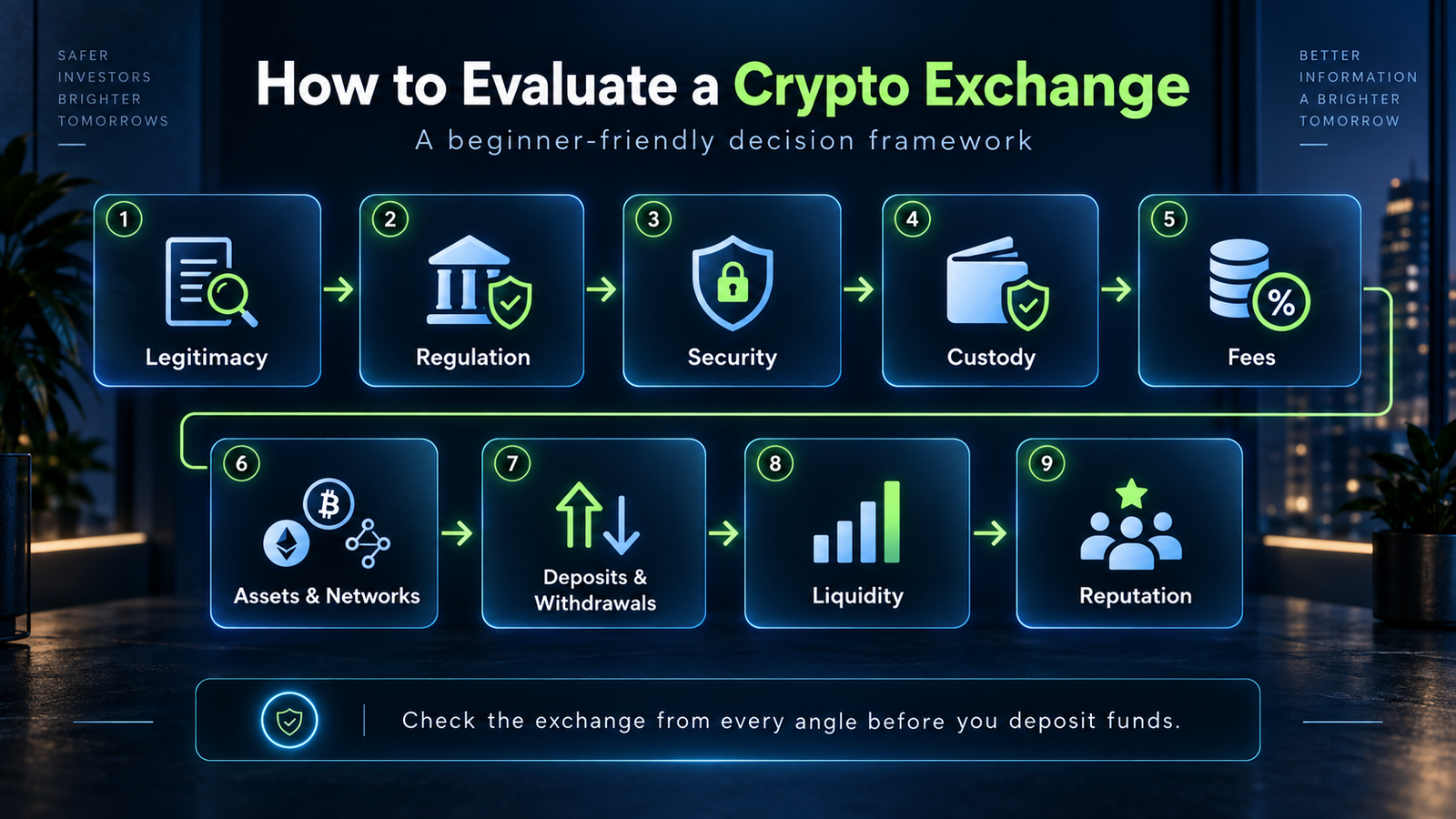 Infographic showing a crypto exchange evaluation framework covering legitimacy, regulation, security, custody, fees, assets and networks, deposits and withdrawals, liquidity, and reputation.