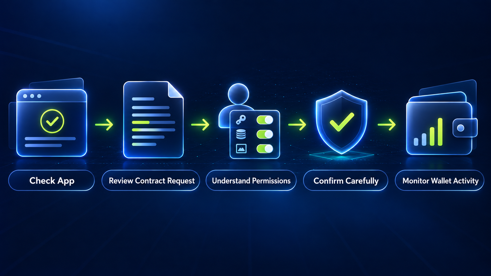 Beginner smart contract safety path showing how to check an app, review permissions, confirm carefully, and monitor wallet activity