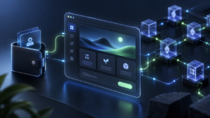 Illustration of a Web3 wallet connected to a decentralized application interface and blockchain network