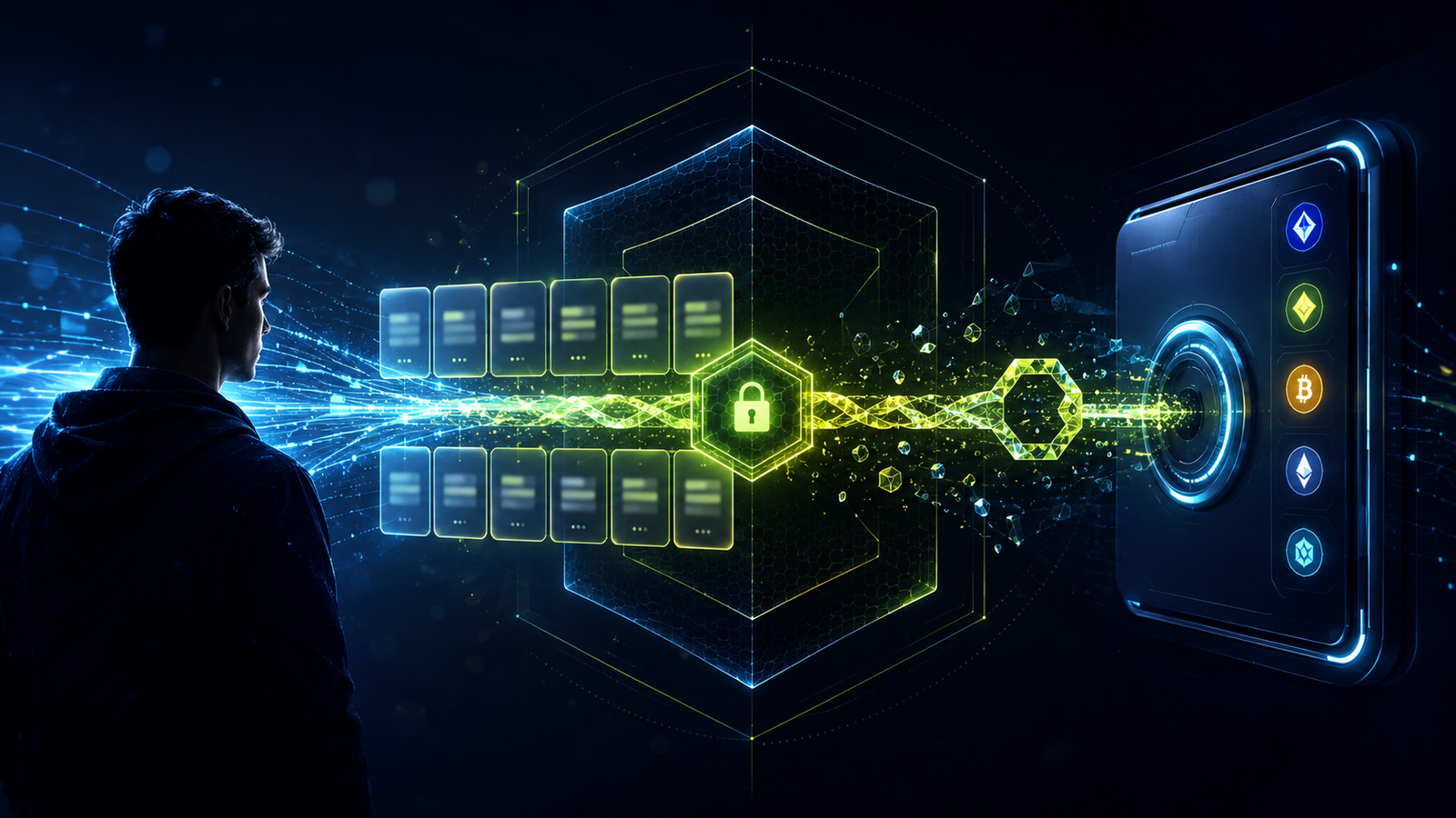 Illustration of private keys and seed phrases securing access to a crypto wallet and digital assets