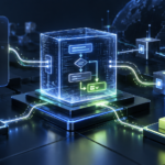 Futuristic blockchain illustration showing smart contract logic, connected network blocks, and automated digital transactions