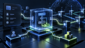 Futuristic blockchain illustration showing smart contract logic, connected network blocks, and automated digital transactions