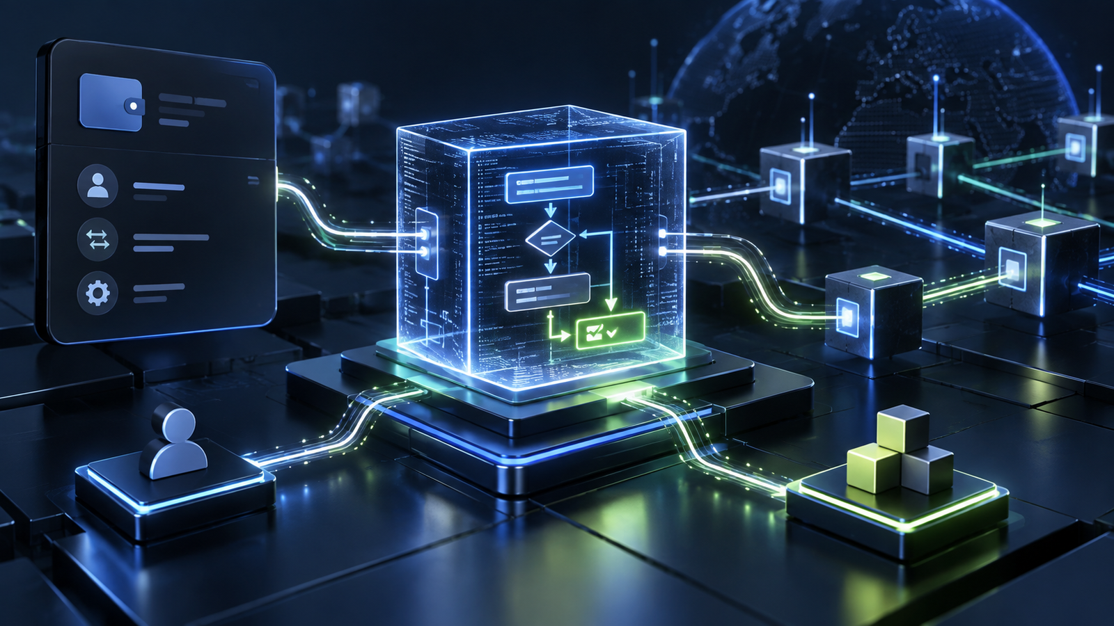 Futuristic blockchain illustration showing smart contract logic, connected network blocks, and automated digital transactions