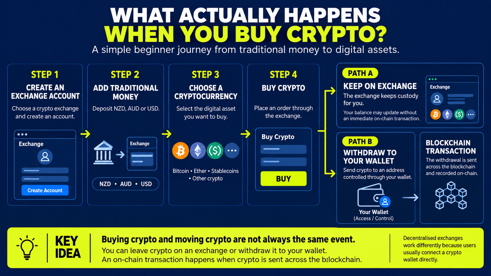 Infographic explaining what happens when you buy crypto, showing the journey from exchange account and traditional money to buying crypto, keeping it on an exchange or withdrawing it to a wallet and blockchain transaction.