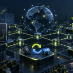 Illustration of decentralized finance with crypto wallets, blockchain networks, token swaps, and digital asset growth