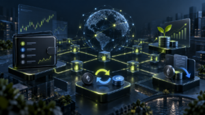 Illustration of decentralized finance with crypto wallets, blockchain networks, token swaps, and digital asset growth