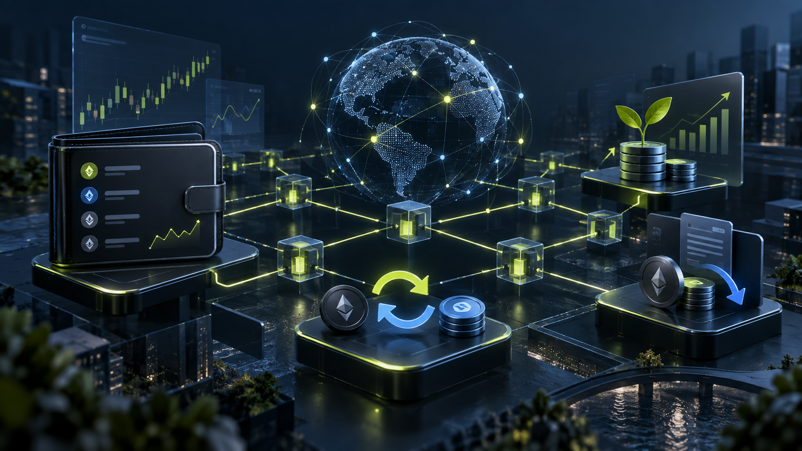 Illustration of decentralized finance with crypto wallets, blockchain networks, token swaps, and digital asset growth