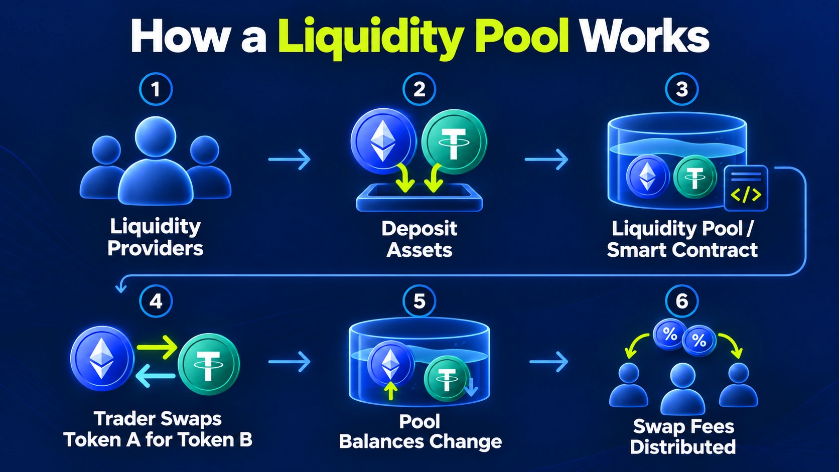 Diagram showing how liquidity providers add crypto assets to a liquidity pool and traders use the pool for token swaps.