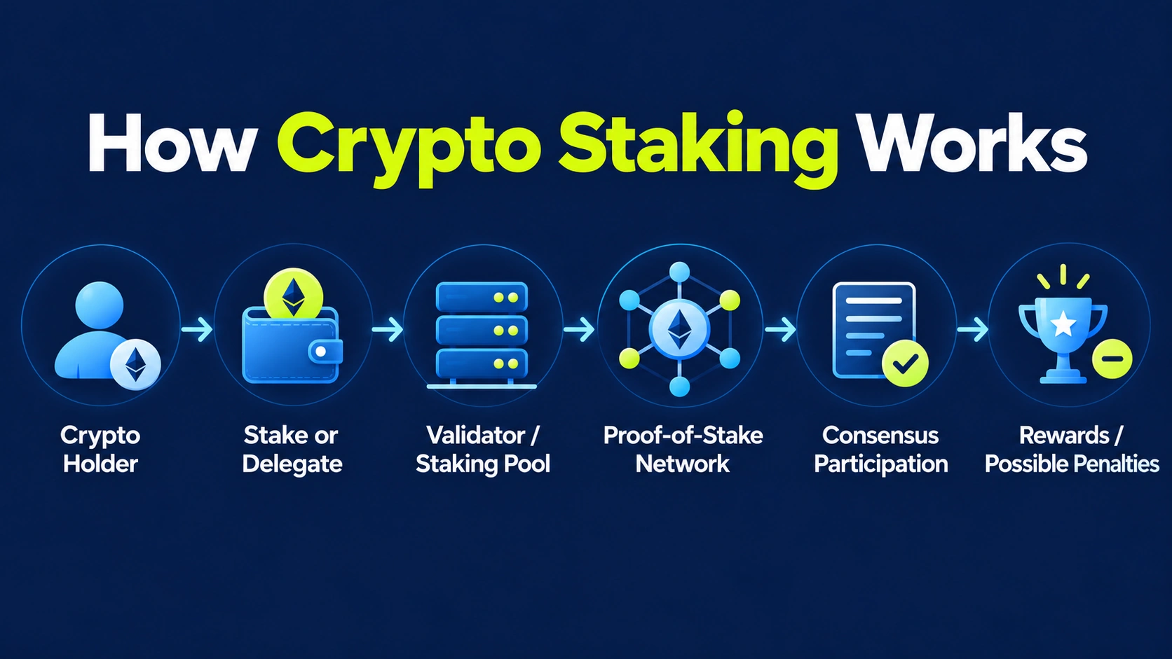 Diagram showing how token holders, validators and proof-of-stake networks interact during crypto staking.