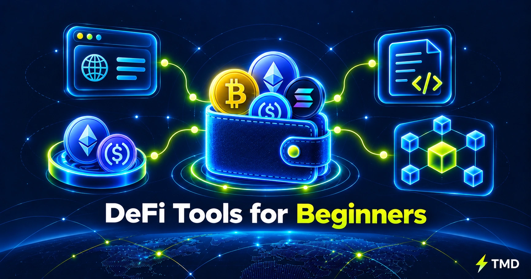 DeFi tools for beginners covering dApps, smart contracts, wallets, gas fees and on-chain finance.